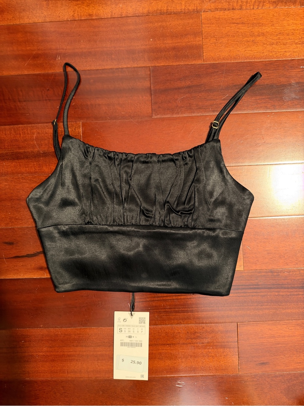 Zara Black Satin Crop Cami Top with Adjustable Straps